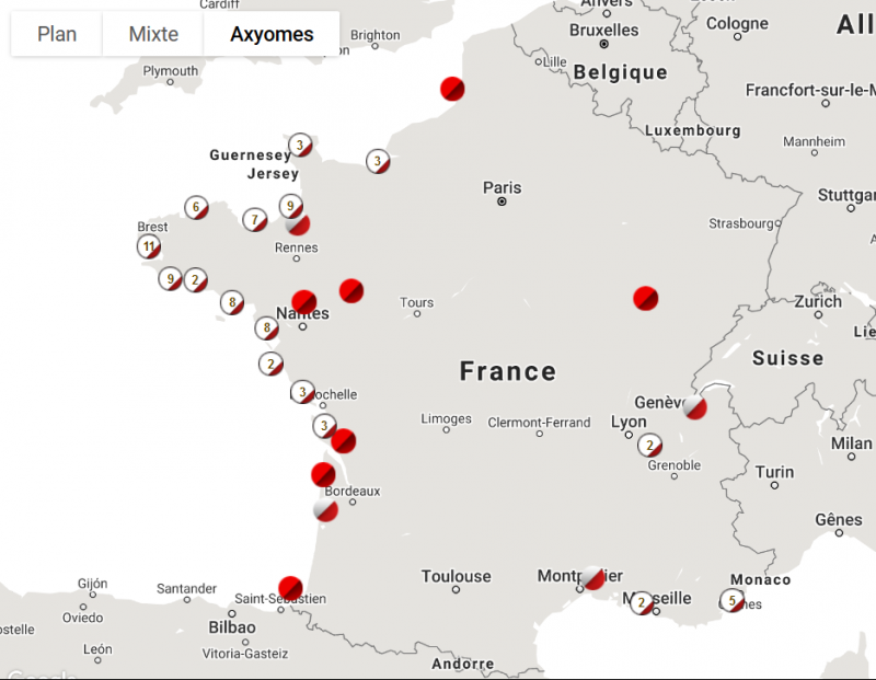 emplacement des structures utilisant Axyomes en 2020